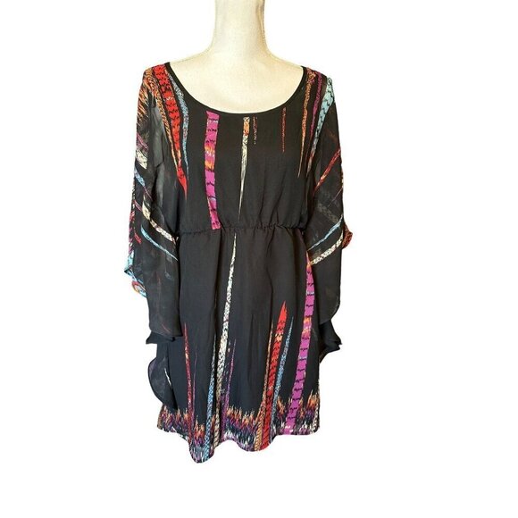 AUW Dresses & Skirts - AUW Women's Dress Size S Black Multicolor Boho Chiffon Dress Bell Sleeves